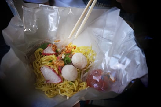 Red pork noodles at Ban Pin Railway Station