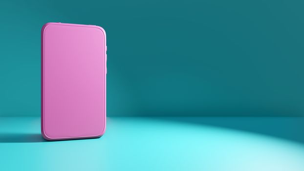 Pink smartphone mockup with blank screen on a green-blue background. 3D rendering