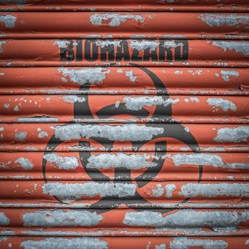 Grungy Metal Shutters With A Scary Biohazard Sign At A Laboratory