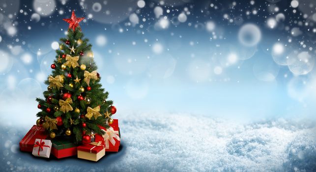 Decorative Christmas Tree over winter snowy background with copy space