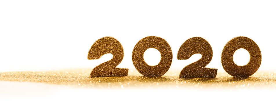 2020 New Year luxury design concept. Golden 2020 New Year horizontal template with golden glitter isolated on white backgound