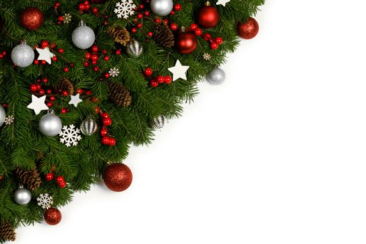Christmas Border frame of tree branches on white background with copy space isolated, red and white decor, berries, stars, cones