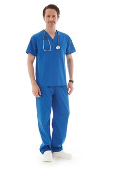 Full length portrait of young doctor in blue uniform isolated on white background 