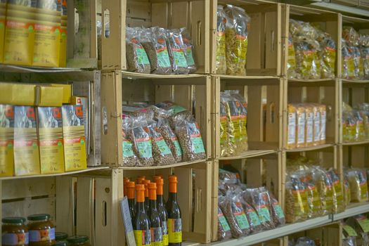 view of a typical organic food store in italy, zero-kilometer food products from the producer to the consumer.