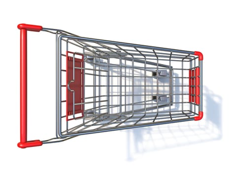 Top view of empty shopping cart 3D rendering illustration isolated on white background
