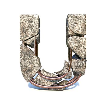 Concrete fracture font Letter U 3D render illustration isolated on white background