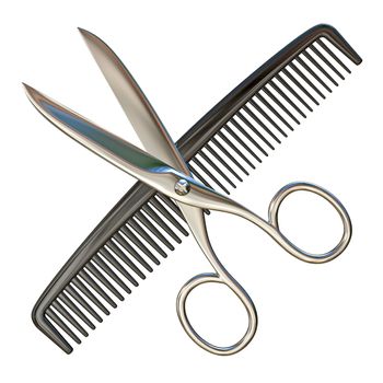 Scissors and comb 3D render illustration isolated on white background