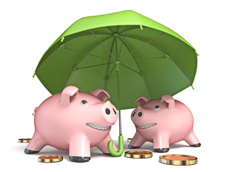 Piggy banks under umbrella 3D render illustration isolated on white background
