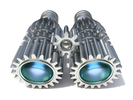 Metal binocular made of cog wheels 3D render illustration isolated on white background
