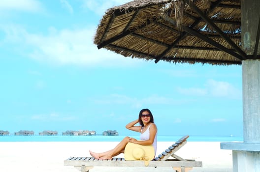 Portrait of happy  woman at  Maldives island. Travel and Vacation. 