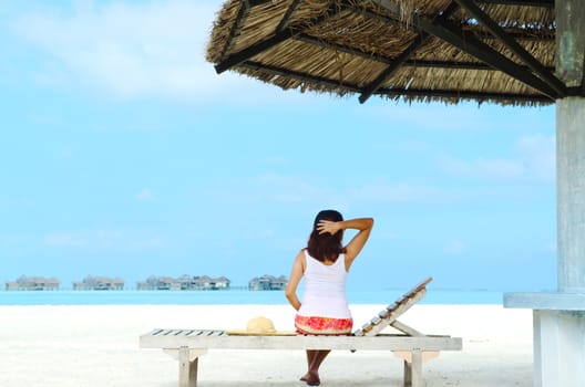 Portrait of happy  woman at  Maldives island. Travel and Vacation. 