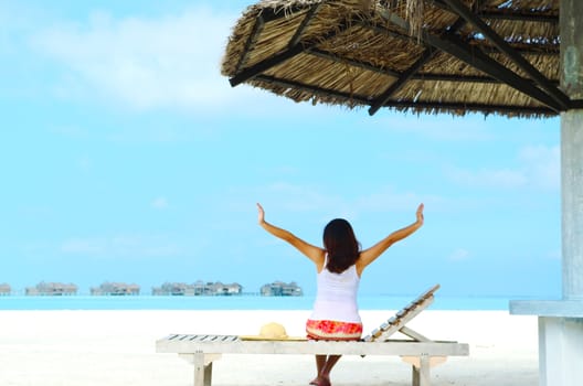 Portrait of happy  woman at  Maldives island. Travel and Vacation. 