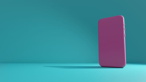 Pink smartphone mockup with blank screen on a green-blue background. 3D rendering