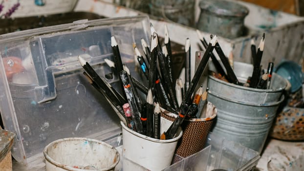 Pencils in jar for creativity and art. Creative workshop. Selective focus in pencils. Art workshop