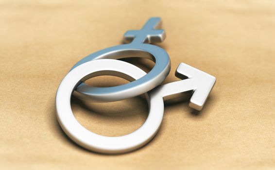 3D illustration of male and female symbols over paper background. Concept of heterosexuality.