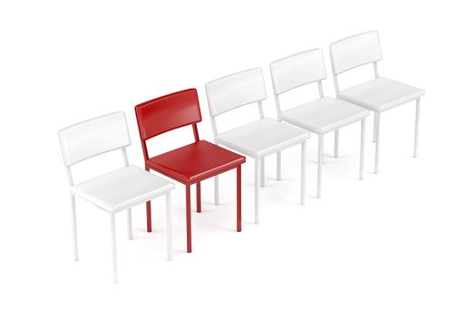 One unique red chair in a row of white chairs