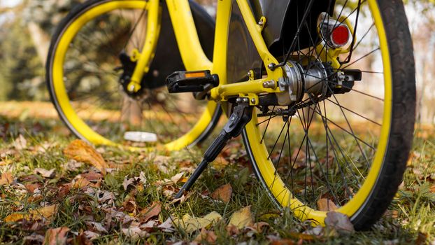 Yellow bike with fallen leaves in the setting sun. Autumn park - sunny day