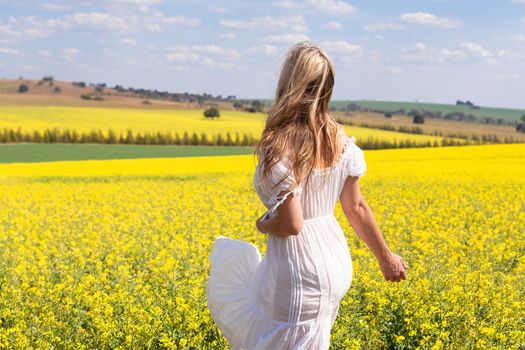 Female wearing white cotton dress looking out over undulating fields of golden canola and wheat.  The wind has kicked up the frill of her dress