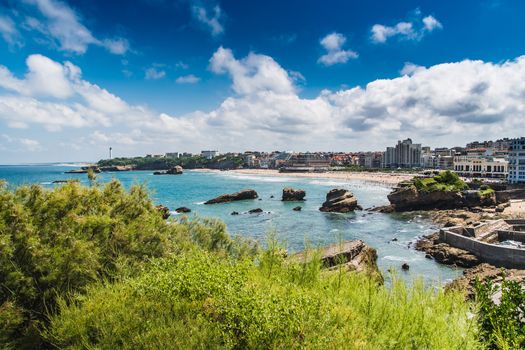 City of Biarritz with its lighthouse and these typical houses and old port in France