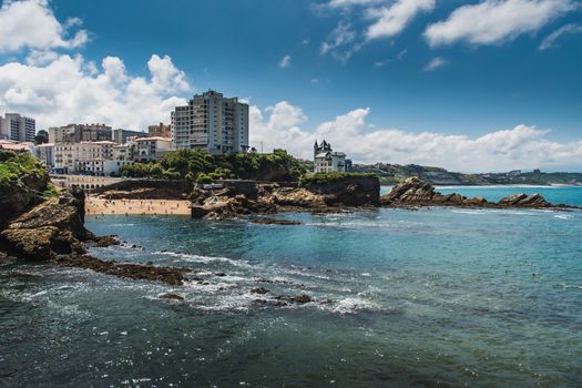 City of Biarritz with its lighthouse and these typical houses and old port in France