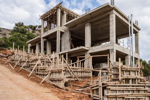 Construction with formwork and reinforcement in the countryside of northern Crete, Greece