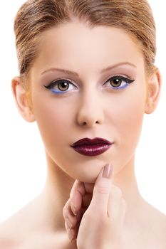 Close up portrait of a beautiful female model with make up, red lipstick and clean skin, isolated on white background