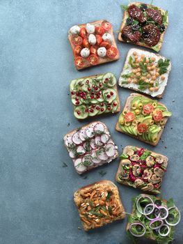 Assortment vegan sandwiches on gray stone background. Set different vegetarian smorrebrod. Top view or flat lay. Vertical