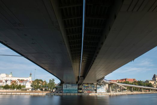 Left bank of the Oder river in Szczecin with the maritime museum and the Chrobry embankment, Szczecin, Poland. View under the bridge.