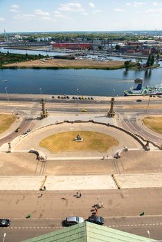 Left bank of the Oder river in Szczecin with the maritime museum and the Chrobry embankment, Szczecin, Poland.