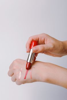 Professional Make-up. Lipgloss. Red Lipstick applying