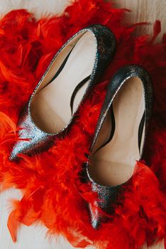 Black high heel women shoes isolated on wooden table
