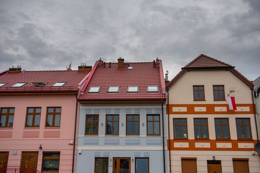 Colourful facade building un the city. Architecture background with copy space.