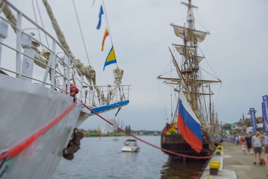 Moored sailing ships in Szczecin at The Chrobry Embankment area