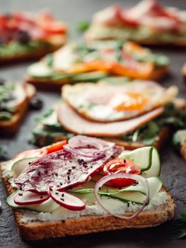 Close up view of different sandwiches with salami, vegetables and black sesame. Copy space for text. Assortment meat toasts on black background. Idea, creative concept for sausage maker. Vertical