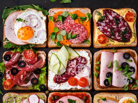 Set of eight different sandwiches with meat in square shape. Top view or flat lay. Assortment meat toasts on black background. Idea, creative concept for sausage maker