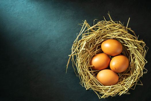 The eggs in the nest made of rice straw and morning sunlight. Concept of organic farm and food for health. Top view and copy space for text.