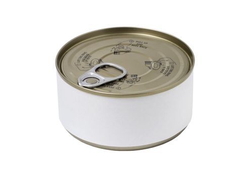 Tin can with blank label and with key on the cap, isolated on white background.