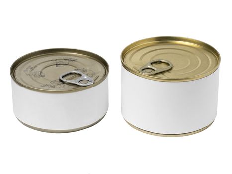 Tin cans with blank label and with key on the cap, isolated on white background.
