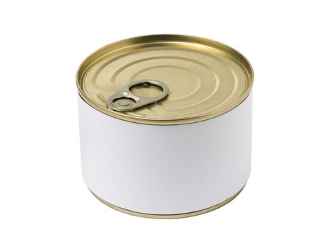Tin can with blank label and with key on the cap, isolated on white background.