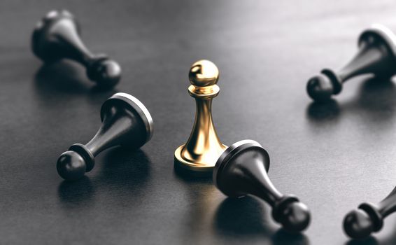 3D illustration of fallen black pawns and a golden one standing up. Concept of competitors marketing or business strategy.