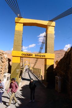 Chicham Bridge, Spiti Valley, Himachal Pradsh, India, December 2019 - Asia’s New Highest suspension stiffened steel truss bridge over gorge and connecting Kibber with Chicham village over Samba Lamba Nallah on Kiato Chicham road. It reduces journey towards Kaza Lohsar Kunzum Pass Rohtang and Manali.