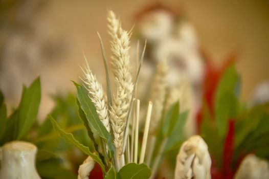 Decoration with wheat ear and laurel used in a market stand for the sale of organic foods.