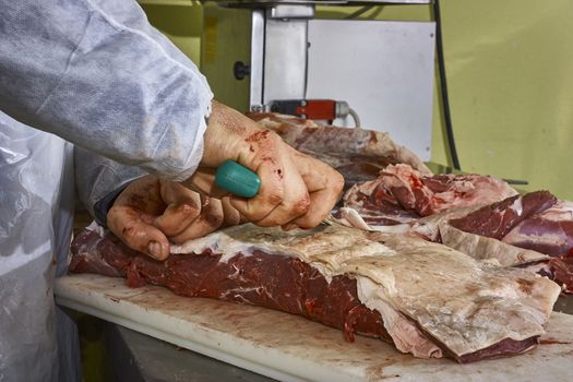 butcher who using a knife is slicing the meat in order to be sold and later eaten in his butcher's shop.