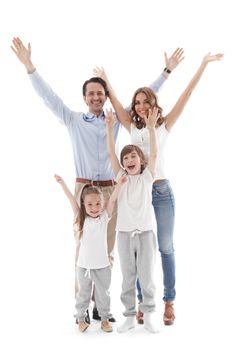 Happy family with raised hands up isolated on white background