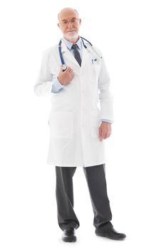 Full length portrait of a mature doctor isolated on white background