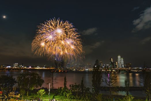 Seoul, South Korea - October, 2019: Beautiful fireworks in Seoul fireworks festival 2019