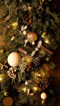 Christmas decorations, Christmas tree, gifts, new year in gold color