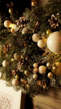 Christmas decorations, Christmas tree, gifts, new year in gold color