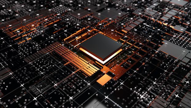 Abstract Central Computer Processors Concept. 3D illustration. Conceptual CPU on circuit board - PCB