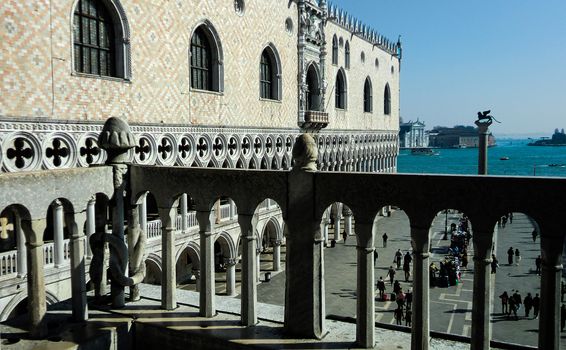 View of Piazza San Marco in Venice from above the top floor of the San Marco church inside the square.